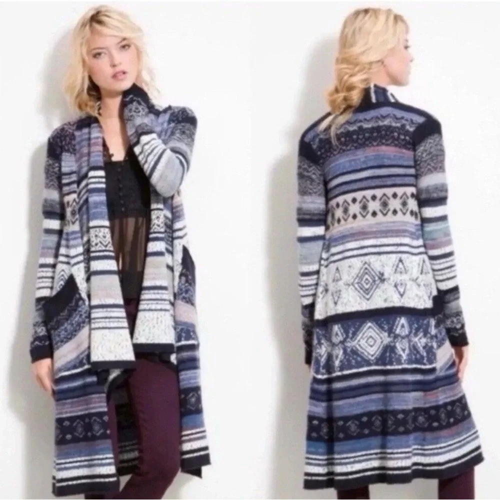 Free People Yesterdays Smile Aztec Blue Black Waterfall Cardigan Sweater | M - Picture 1 of 6